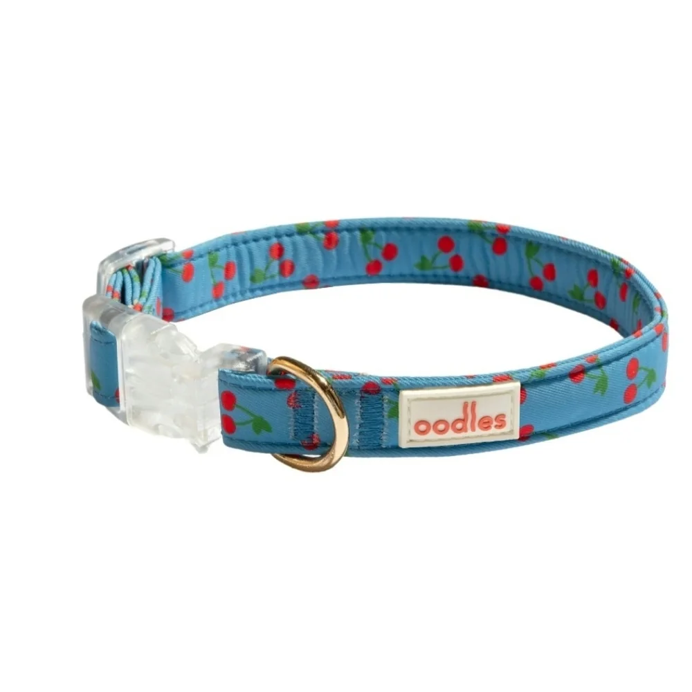Oodles Blue Tart Cherries Adjustable Fashion Dog Collar, Large Neck Size 17